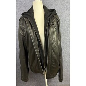 7 Diamonds Leather Jacket with detachable hoodie - Vintage Large Black
